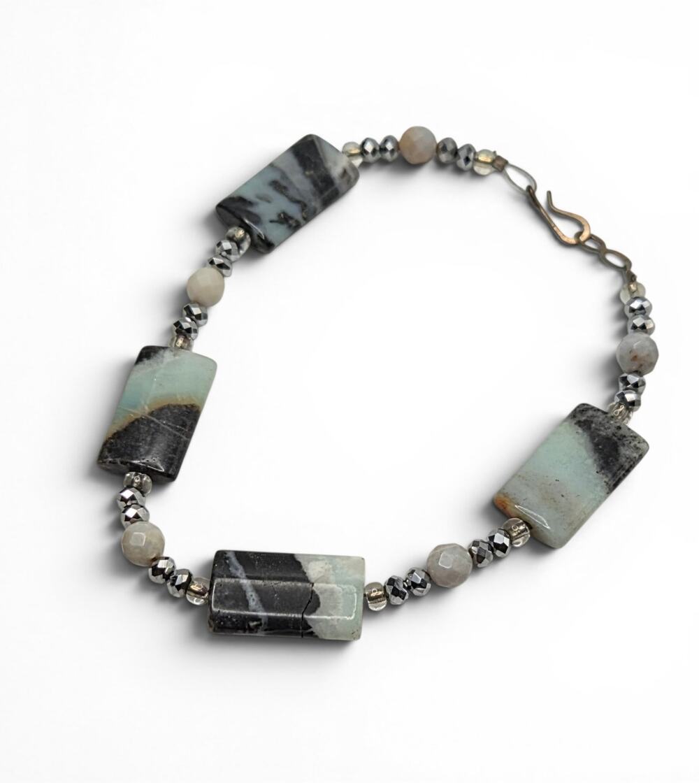 Artisan Stone Bead Bracelet Gray Blue Rectangle Beads